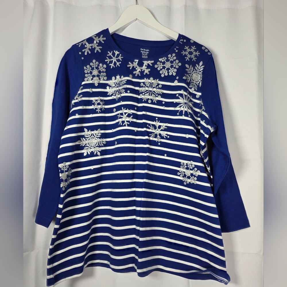 NWT Kim Rogers Silver Snowflake Blue & White Striped Shirt Women's XL Petite Top